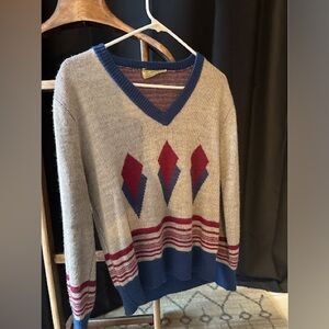 Vtg 70s Glamour-Knit Geometric Sweater V-Neck ILGWU Union Made